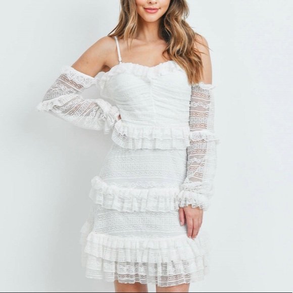 Chic White Fringe Off Shoulder Boho Tier Lace Evening Wedding Prom Cocktal Dress - Picture 5 of 5